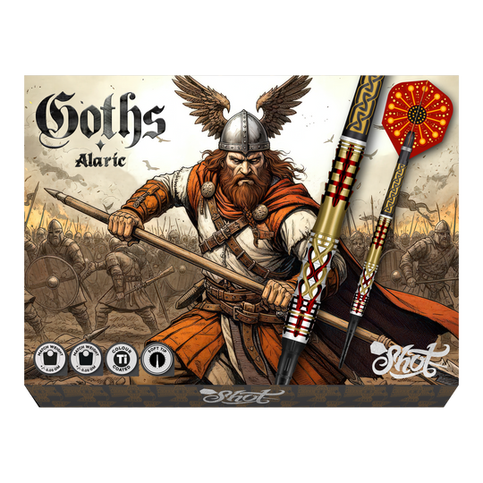 Abgebildet sind Shot Goths Alaric Softdarts mit einem Gewicht von 20g. Die Darts eignen sich perfekt für das Softdart-Spiel.