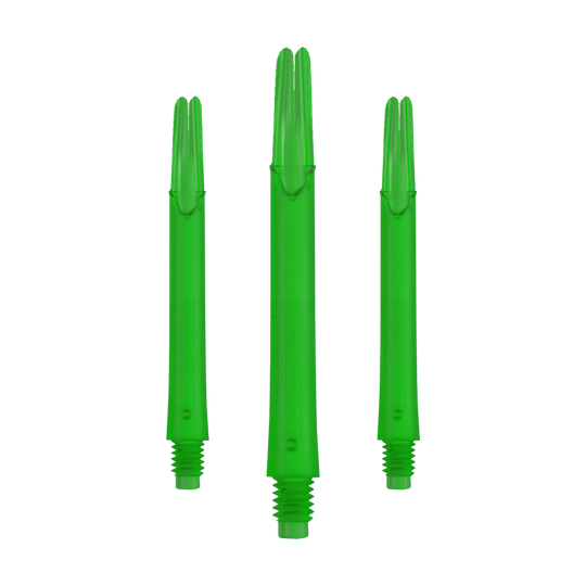 L-Style L-Shafts Locked Straight - Green 330 Auf dem Bild sind drei grüne, gerade Dartschäfte zu sehen. Sie sind jeweils unten mit einem Gewinde versehen und stehen nebeneinander.