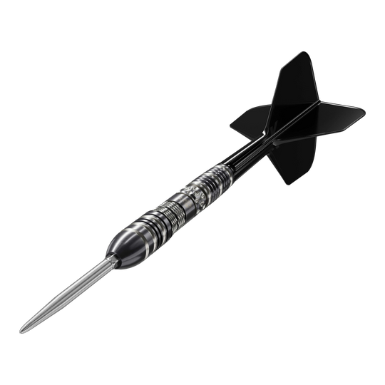 Target Black Marque Dragon 3 Swiss Point Steeldarts Das Bild zeigt einen Target Black Marque Dragon 3 Swiss Point Steeldart. Der Dart ist schwarz-silber und hat eine scharfe Stahlspitze sowie schwarze Flügel.