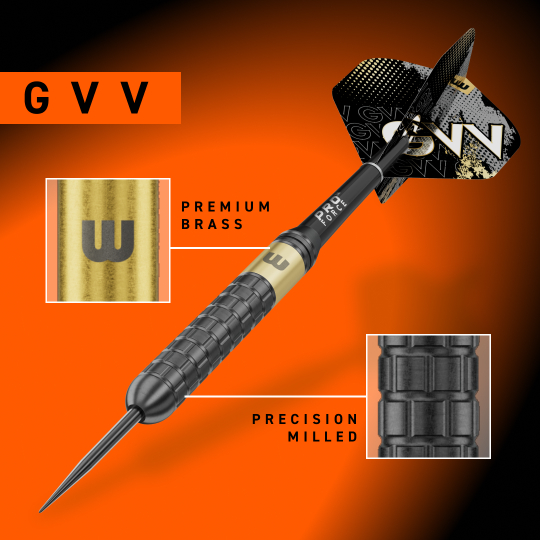 Abgebildet sind Winmau Gian Van Veen Core Brass Steeldarts mit 21 Gramm. Das Foto zeigt den Dartpfeil in voller Länge.