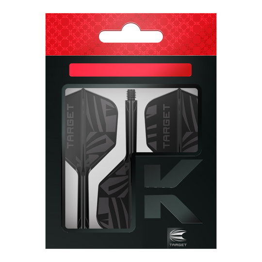 Dargestellt sind Target K-Flex Black No6 Flights. Diese Flights verbessern die Stabilität beim Dartspiel.