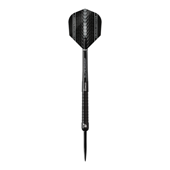 Harrows Supergrip Black-Edition Steeldarts Das Bild zeigt einen schwarzen Steeldart der Marke Harrows Supergrip Black-Edition. Der Dart hat ein elegantes, komplett schwarzes Design mit feinen silbernen Akzenten.