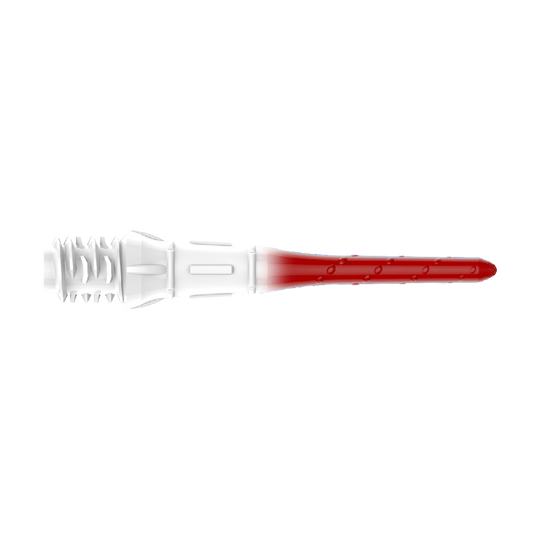 L-Style Premium Lippoint Gradiation Dartspitzen (30er Pack) Das Bild zeigt eine Dartspitze mit einem Farbverlauf von Weiß zu Rot. Die Spitze hat ein gezacktes Gewinde auf der linken Seite und ist glatt auf der rechten Seite.