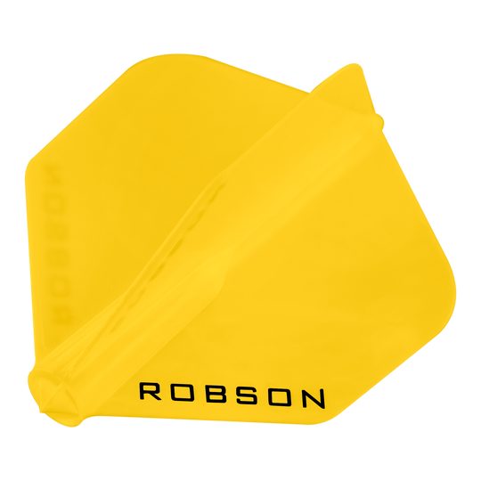 Das Bild zeigt ein gelbes Dart-Flight mit der Aufschrift "ROBSON". Das Flight hat eine klassische No6-Form und besteht aus Kunststoff.