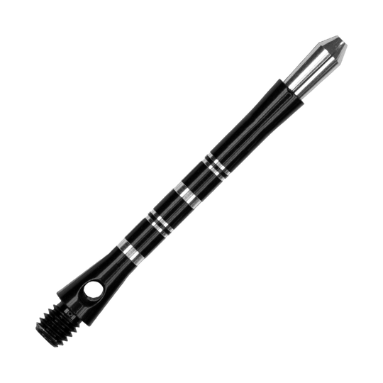 Das Bild zeigt einen schwarzen Harrows Colette Shaft für Darts. Der Shaft hat silberne Ringe als Akzente und ein glänzendes, elegantes Design.