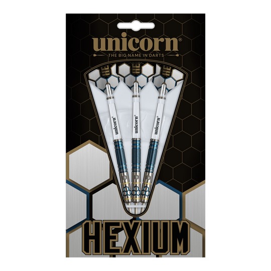 Unicorn Hexium Style 02 Blue & Gold Steeldarts Das Bild zeigt die Unicorn Hexium Style 02 Blue & Gold Steeldarts. Die Darts sind in Blau und Gold designt.
