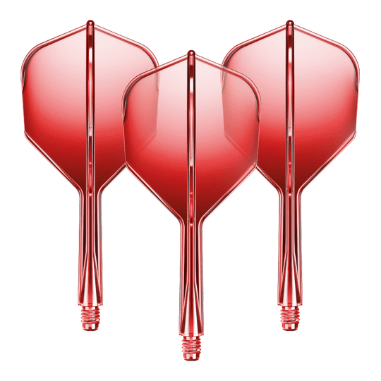 Auf dem Bild sind drei rote Dartflights mit integrierten Schäften zu sehen. Sie stehen nebeneinander und haben einen glänzenden, einheitlichen Look.