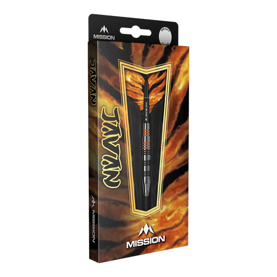 Mission Javan Brass Steeldarts - 22g Die Abbildung zeigt die Verpackung der Mission Javan Brass Steeldarts mit einem Gewicht von 22g. Das Design ist auffällig und besitzt feurige Farben mit dem Produkt im Vordergrund.