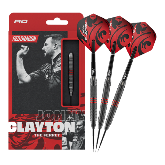 Red Dragon Jonny Clayton Core Brass Steeldarts - 21g Dieses Bild zeigt die Red Dragon Jonny Clayton Core Brass Steeldarts - 21g in voller Länge. Die Darts haben goldene Rillen und rote sowie schwarze Details am Flight.