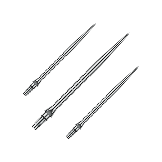 Winmau Switch Point Groove Steeldartspitzen - Silver Effect Abgebildet ist ein Set von silbernen Winmau Switch Point Groove Steeldartspitzen, 40 mm lang. Es sind typische Ersatzspitzen für Steeldarts.
