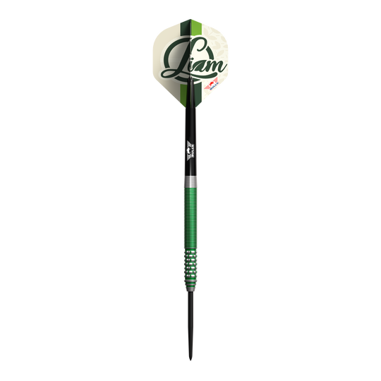 Bulls NL Liam Maendl Lawrance Steeldarts - 23g Auf dem Bild ist ein Steeldart mit grünen Akzenten und dem Namen "Liam" auf dem Flight zu sehen. Es handelt sich um das Produkt "Bulls NL Liam Maendl Lawrance Steeldarts - 23g".