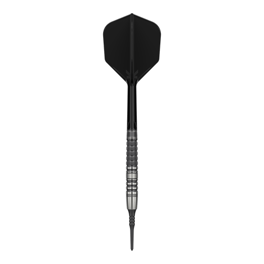 Das Bild zeigt einen Softdart mit schwarzer Spitze, schwarzem Shaft und Flight sowie einem silbernen, strukturierten Barrel. Es handelt sich um den "Target Japan Black Marque Lumiere GEN3 Softdarts - 18,5g".