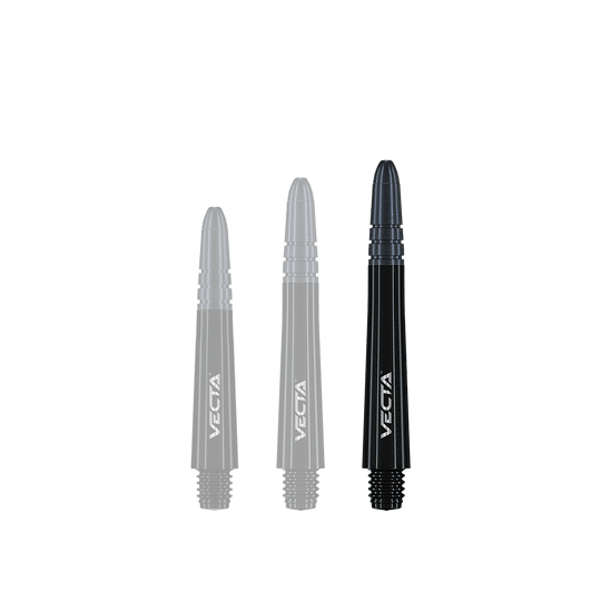 Das Bild zeigt drei schwarze Dart-Schäfte mit der Aufschrift "VECTA". Sie sind unterschiedlich lang und haben ein glänzendes, glattes Design.