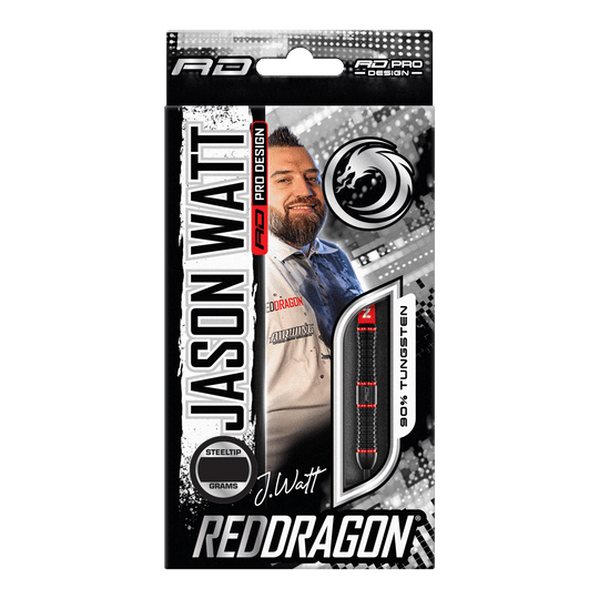 Red Dragon Jason Watt Steeldarts - 22g Die Abbildung zeigt die Verpackung der "Red Dragon Jason Watt Steeldarts - 22g". Auf der Vorderseite sind ein Bild von Jason Watt, der Dartpfeil und das Red Dragon-Logo zu sehen.