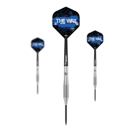 Bulls Martin Schindler TW80 Steeldarts Auf dem Bild sind drei Steeldarts des Modells "Bulls Martin Schindler TW80" zu sehen. Die Flights sind schwarz-blau und tragen den Schriftzug "THE WALL".