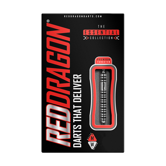 Auf dem Bild ist eine Verpackung für Darts der Marke RedDragon zu sehen. In der Mitte der Verpackung befindet sich ein Dartpfeil, und der Schriftzug "DARTS THAT DELIVER" ist deutlich lesbar.