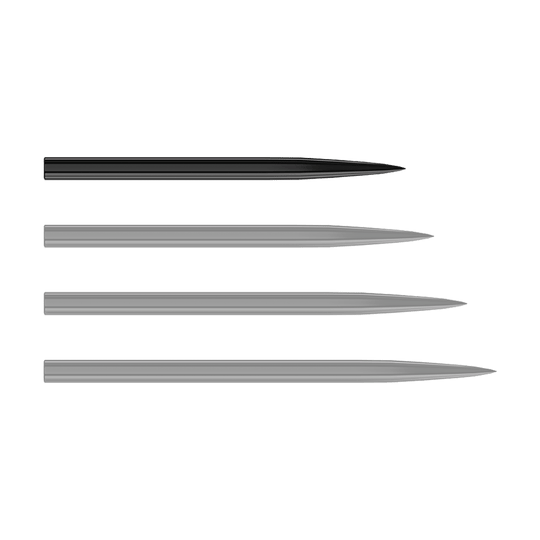 Harrows Steeldartspitzen - Schwarz Auf dem Bild sind vier schwarze Steeldartspitzen zu sehen, die nebeneinander liegen. Sie sind schlank und jeweils an einem Ende spitz zulaufend.