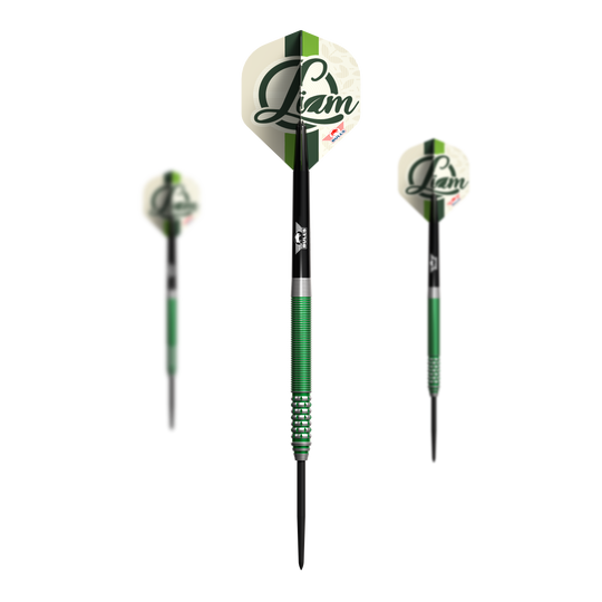 Bulls NL Liam Maendl Lawrance Steeldarts - 23g Das Bild zeigt drei Steeldarts des Modells "Bulls NL Liam Maendl Lawrance Steeldarts - 23g". Die Darts haben grüne Akzente und zeigen den Namen "Liam" auf den Flights.