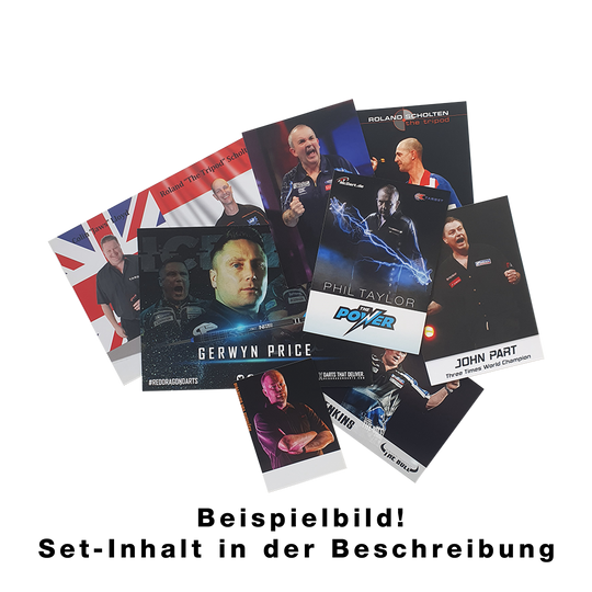 Spielerkarten-Set mit Autogramm Das Bild zeigt ein Set von Spielerkarten mit bekannten Dartspielern. Auf den Karten sind Fotos und Namen der Spieler abgebildet.