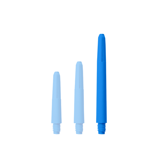 Das Bild zeigt drei blaue Nylon-Schäfte in unterschiedlichen Längen. Sie haben ein Schraubgewinde an einem Ende und sind für den Einsatz bei Darts gedacht.