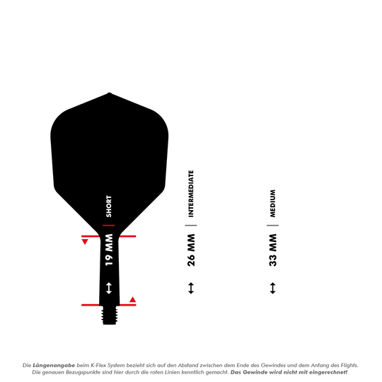 Target Japan K-Flex Smash No2 Standard Flight-Shaft-System Das Bild zeigt drei verschiedene Längen von Dart-Schäften: 19 mm (Short), 26 mm (Intermediate) und 33 mm (Medium). Die roten Linien markieren die Messpunkte zwischen dem Ende des Gewindes und dem Anfang des Flights.