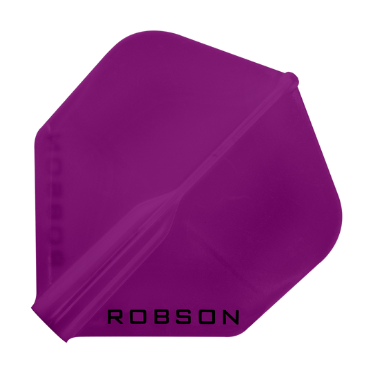 Das Bild zeigt ein violettes Dartflugblatt in Standardform. Unten auf dem Flugblatt steht das Wort "ROBSON".