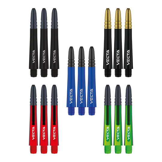 Das Foto zeigt die Winmau Vecta Shaft Collection. Die Sammlung umfasst verschiedene Dartschäfte.