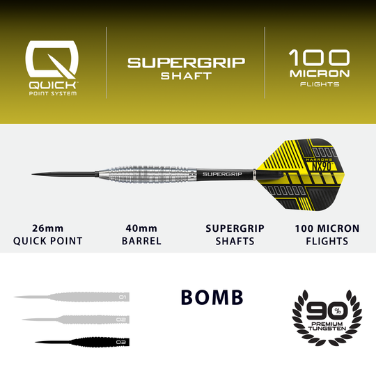 Harrows NX90 Bomb Quick Point Steeldarts Hier ist das Produkt Harrows NX90 Bomb Quick Point Steeldarts abgebildet. Die Darts werden für professionelle Spiele verwendet.