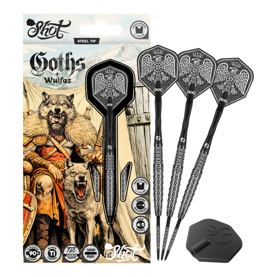 Shot Goths Wulfaz Turbo Point Steeldarts - 23g Auf diesem Bild sieht man die Shot Goths Wulfaz Turbo Point Steeldarts - 23g in voller Ansicht. Das Design ist auffällig und für Dart-Fans interessant.