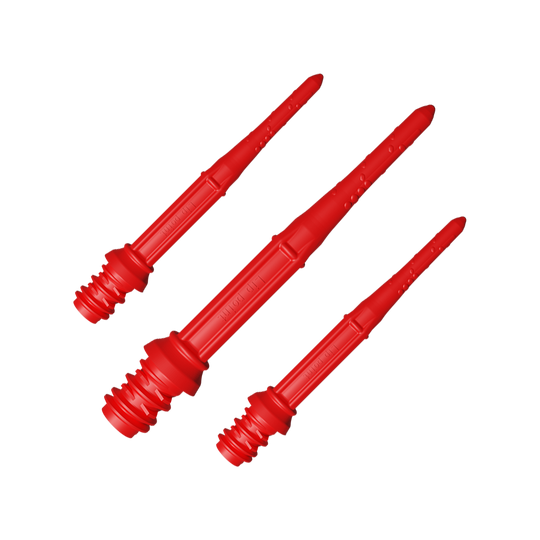 Auf dem Bild sind drei rote Softdartspitzen zu sehen. Sie sind nebeneinander angeordnet und haben ein schlankes, geriffeltes Design.