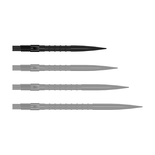Harrows Quick Point Heavy Metal Dartspitzen - Schwarz Das Bild stellt QP33164 Harrows Quick Point HeavyMetalGrip Dartspitzen Schwarz 26mm dar. Diese Dartspitzen sind schwarz und besitzen einen starken Metallgriff.