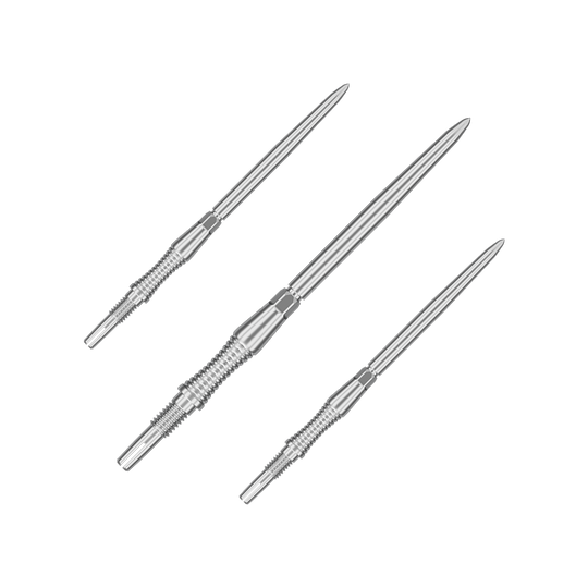 Auf dem Bild sind Dartspitzen aus dem Set '340302_Target_Swiss_Point_Dartspitzen_Signature_RST_Silber_42mm_1Set' abgebildet. Mehrere silberne Dartspitzen sind zu erkennen.