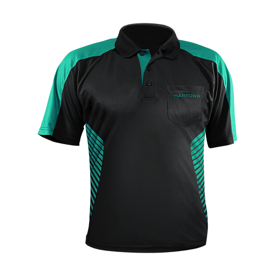 17577-Harrows-Vivid-Dartshirt-Black-Jade-1 Das Bild zeigt ein schwarzes Dartshirt mit jadegrünen Akzenten und der Aufschrift "Harrows" auf der Brusttasche. Die Ärmel und seitlichen Bereiche haben ebenfalls jadegrüne Details und Streifen.
