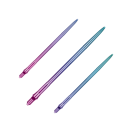 Caliburn EZ-EVO Dartspitzen - Grooved - Rainbow Das Bild zeigt ein Set von Dartspitzen in Regenbogenfarben mit Rillen. Die Spitzen sind für das Caliburn EZ-EVO Modell und 50 mm lang.