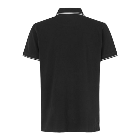 Barrels and Shafts Poloshirt - Schwarz Das Bild zeigt ein schwarzes Poloshirt mit kurzen Ärmeln. Am Kragen und an den Ärmeln sind weiße Zierstreifen sichtbar.