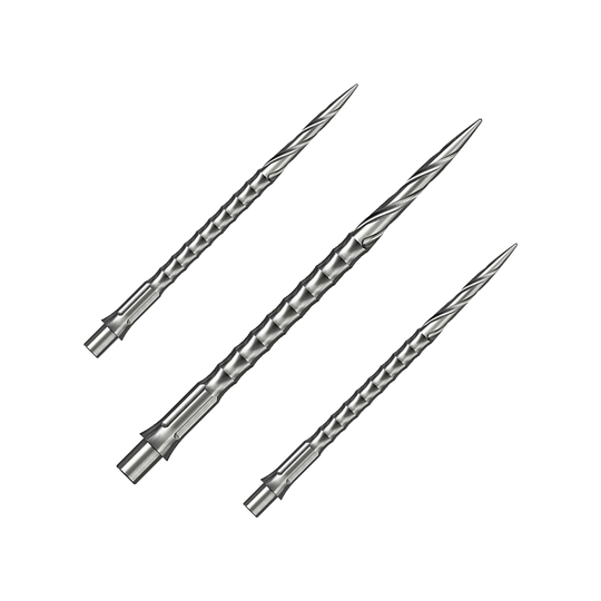 Caliburn System Steeldartspitzen - Spiro - NoLip - Silber Dieses Bild zeigt ein Set von silbernen Steeldartspitzen des Caliburn Evo Systems. Das Spiro NoLip Design ist erkennbar, die Spitzen sind 40 mm lang.