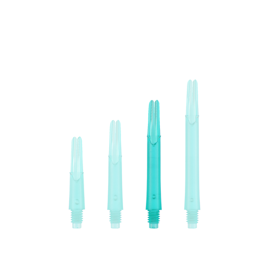 L-Style L-Shafts Locked Straight - Emerald 260 Das Bild zeigt vier türkisfarbene, gerade Kunststoffschäfte, die in aufsteigender Reihenfolge von links nach rechts angeordnet sind. Sie haben unten ein Schraubgewinde und sind oben für die Aufnahme von Flights vorgesehen.