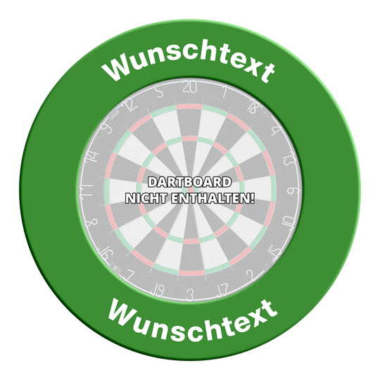 Zu sehen ist eine Dartboard-Surround mit grünem Wunschdruck und Textoption. Dateiname: "MC-2020_Dartboard_Surround_mit_Wunschdruck_Gruen_Text_1".