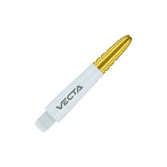 Auf dem Bild ist ein weiß-goldener Dartschaft mit der Aufschrift "VECTA" zu sehen. Das vordere Stück ist goldfarben, während der Rest weiß ist.