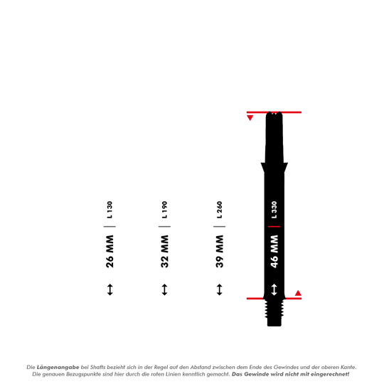 Das Bild zeigt vier unterschiedlich lange Dartschäfte mit Längenangaben in Millimetern (26 mm, 32 mm, 39 mm und 46 mm). Die Messpunkte für die Längen sind durch rote Linien markiert, und das Gewinde wird bei der Längenermittlung nicht mit einberechnet.
