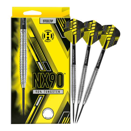 Harrows NX90 Tapered Quick Point Steeldarts Das Bild zeigt die Harrows NX90 Tapered Quick Point Steeldarts in voller Ansicht. Die Steeldarts sind für Präzision und Qualität bekannt.