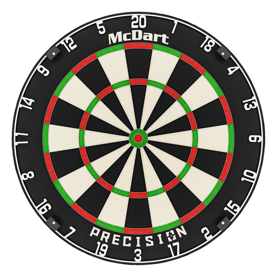 McDart Precision Steeldartboard Das Bild zeigt eine McDart Precision Steeldartboard. Die Scheibe ist schwarz, weiß, rot und grün gefärbt und hat gut sichtbare Zahlen am Rand.