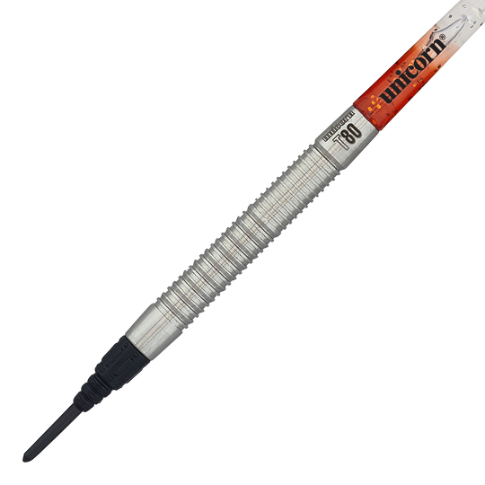 Unicorn Core XL Striker Style 1 Softdarts - 19g Das Bild zeigt einen Unicorn Core XL Striker Style 1 Softdart mit 19 Gramm Gewicht. Der Dart hat einen silbernen, geriffelten Griff und eine schwarze Softspitze.