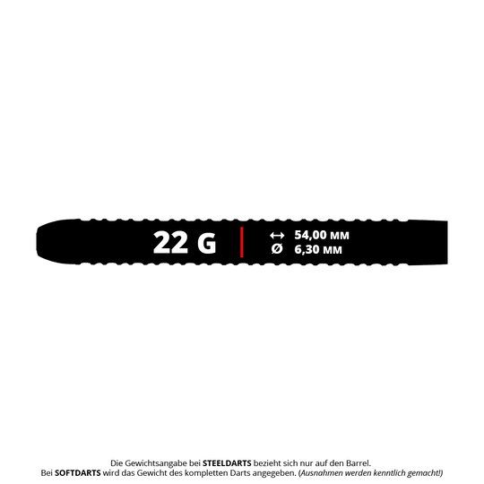 Das Bild zeigt die McDart Black Ring 2 Steeldart-Barrels mit einem Gewicht von 22g. Es handelt sich um schwarze Dart-Barrels für Steeldartspiele.