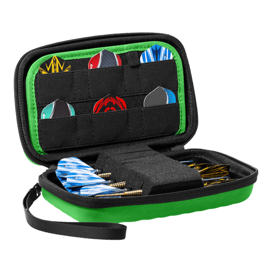 Bulls Orbis XL Dartcase - Grün Das Bulls Orbis XL Dartcase in Grün ist auf dem Bild zu sehen. Es bietet ausreichend Stauraum für verschiedene Dartteile.