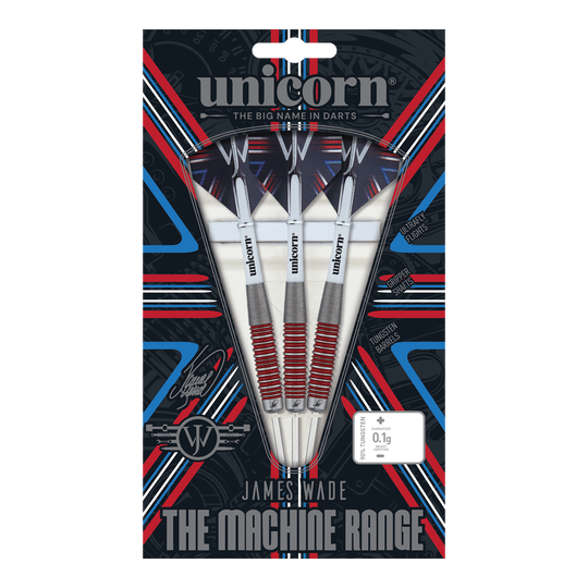 Unicorn The Machine James Wade 90% Steeldarts Das Bild zeigt eine Verpackung mit drei Steeldarts der Marke "Unicorn" aus der "James Wade The Machine Range". Die Darts bestehen zu 90% aus Tungsten und haben rote und silberne Akzente.