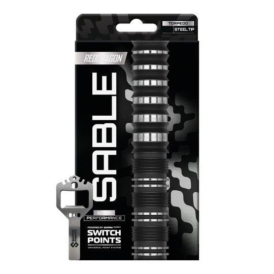 Red Dragon Sable Torpedo Switch Point Steeldarts Hier sieht man die Red Dragon Sable Torpedo Switch Point Steeldarts einzeln dargestellt. Die Oberfläche und das Material der Darts sind gut zu erkennen.