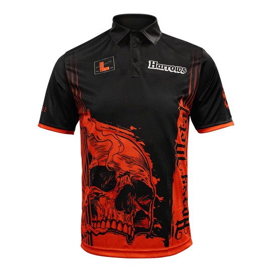 Harrows Ryan Searle Heavy Metal Playershirt Das Bild zeigt das Harrows Ryan Searle Heavy Metal Playershirt. Es ist ein spezielles Dartshirt, das für Spieler entworfen wurde.