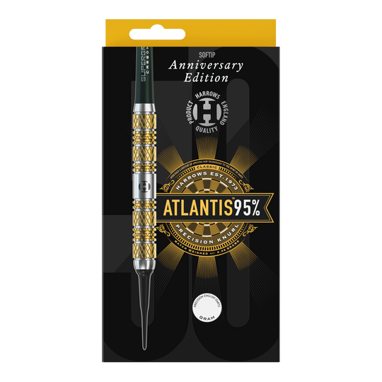 Harrows Anniversary Edition Atlantis Softdarts - 18g Die Abbildung zeigt die Harrows Anniversary Edition Atlantis Softdarts mit einem Gewicht von 18g. Die Verpackung ist schwarz-gold gestaltet und präsentiert den Schriftzug "ATLANTIS 95%".
