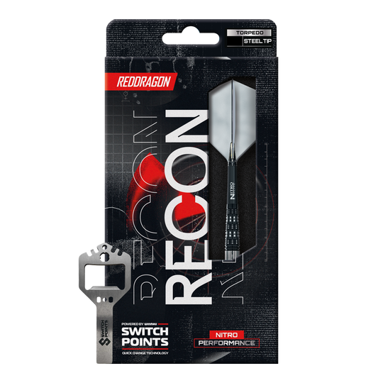Red Dragon Recon Torpedo Steeldarts Auf dem Bild sind die Red Dragon Recon Torpedo Steeldarts - 23g zu erkennen. Die Steeldarts liegen parallel zueinander.